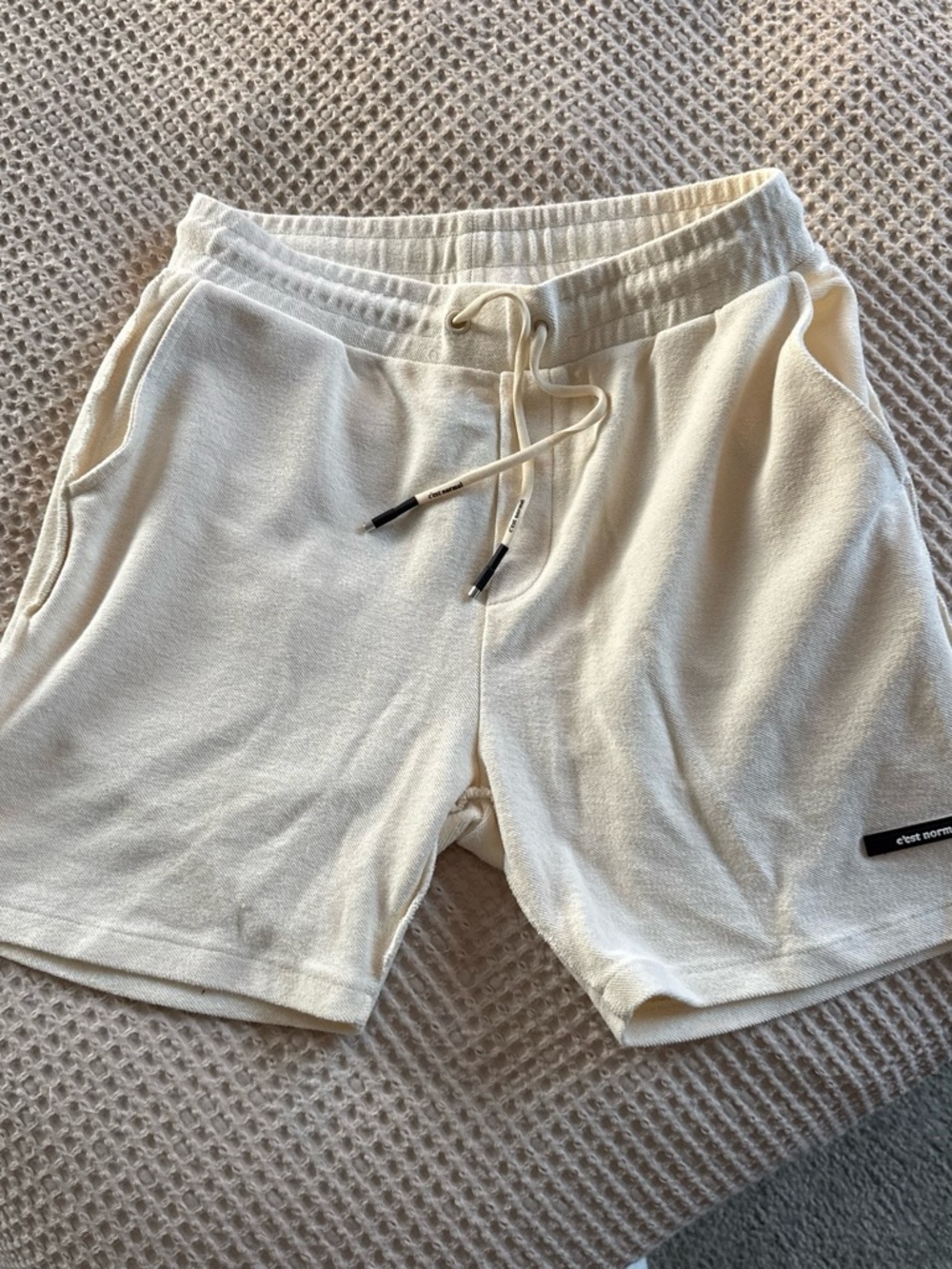 C’est Normal - Men's Cream Athletic Terry Drawstring Shorts XL